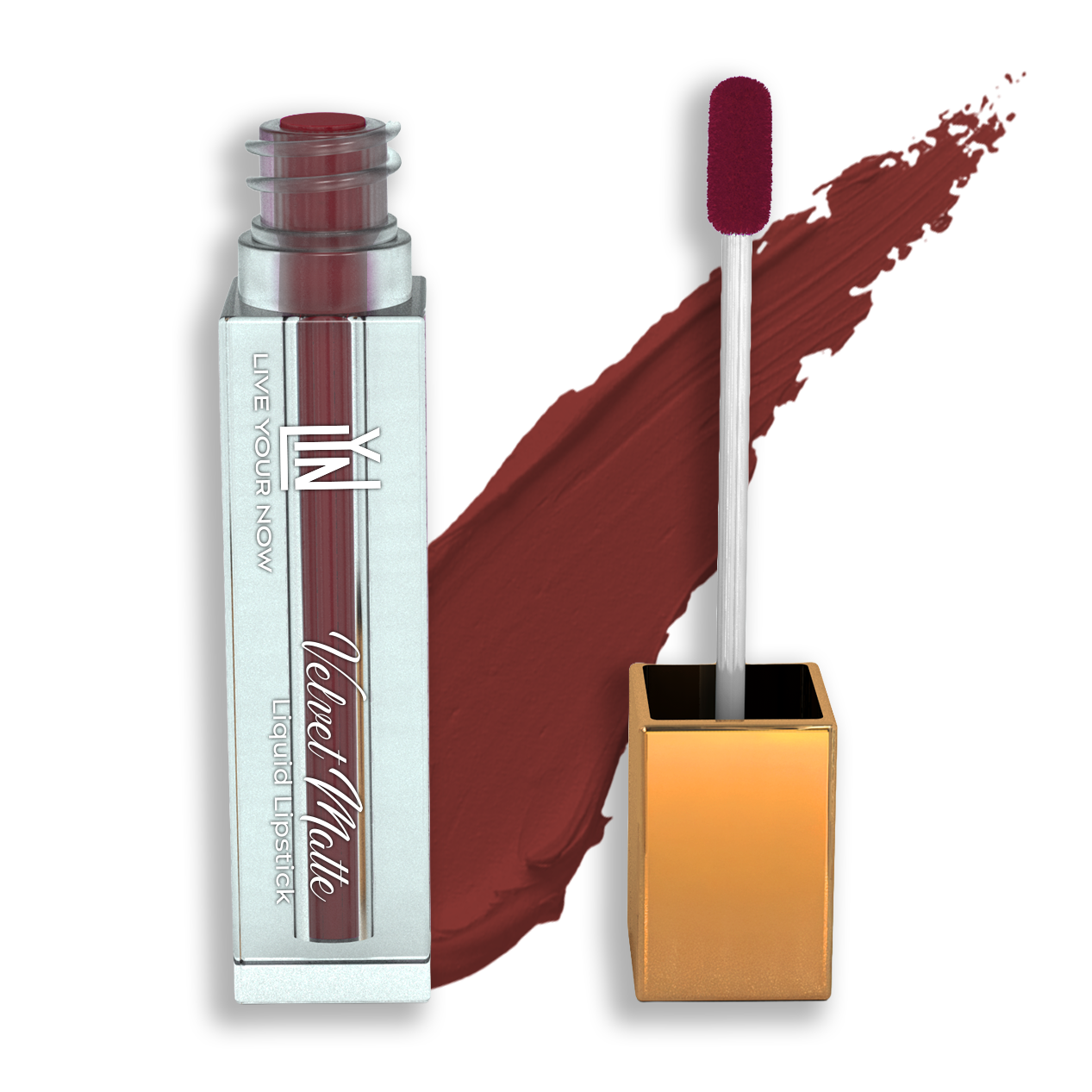 Velvet Matte Liquid Lipstick with applicator and swatch on a white background