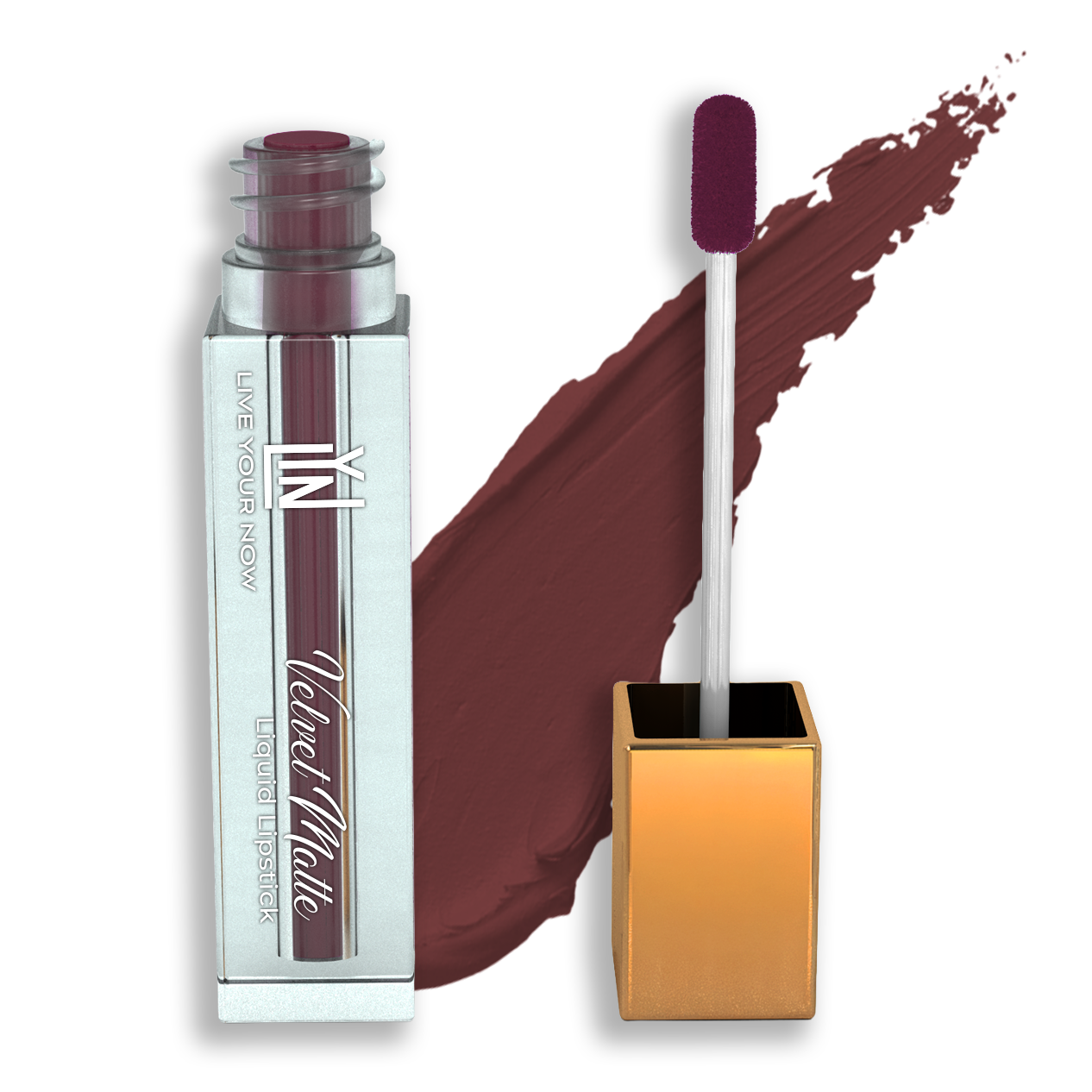Velvet Matte Liquid Lipstick with applicator and swatch on a white background